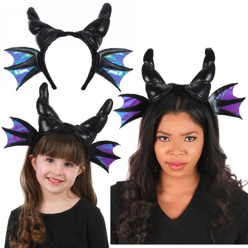 Black Fabric Dragon Horns Headband w Wings - Cappel's