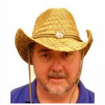 Natural roll-brim western cowboy hat with silver-tone concho and decorative chin cord.