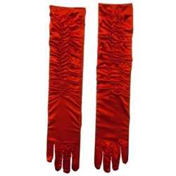 Long Red Gathered Satin Gloves