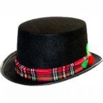 Top Hat - Black Felt w/ Red Plaid band and Holly pom poms