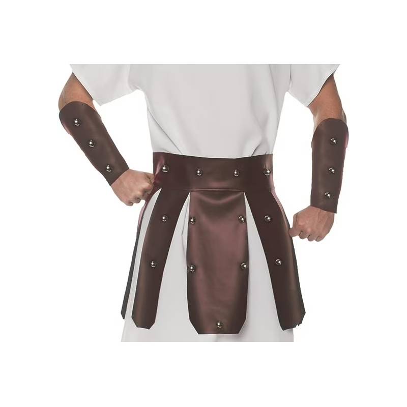 Roman Gladiator Belt and Wrist Guard Set with Brown Armor Panels and Metal Stud Accents