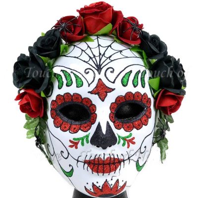Glittered Day of the Dead mask w roses and spiders