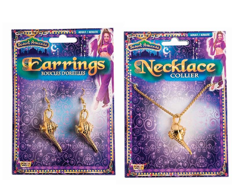Gold Genie Lamp Necklace Earrings
