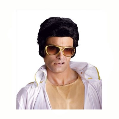 Black rock ’n’ roll costume wig with high pompadour and sideburn styling for 1950s and Elvis-style costumes.
