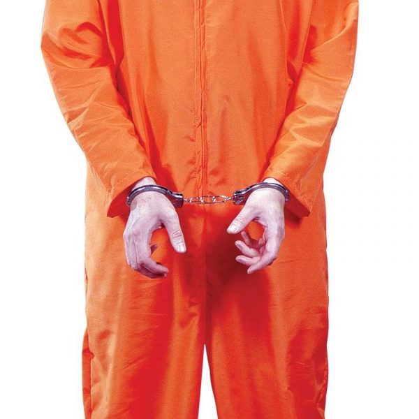 got busted orange prison convict jumpsuit with hand cuffs