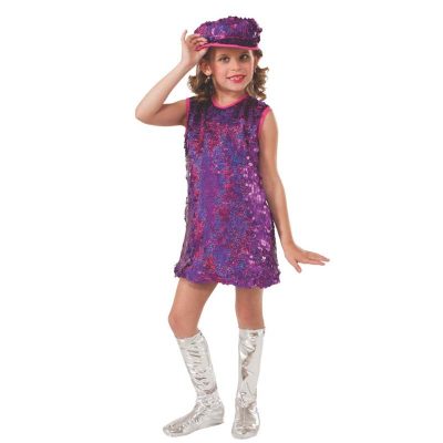 Mod Girl 60's costume purple sequin dress & hat, silver boot tops