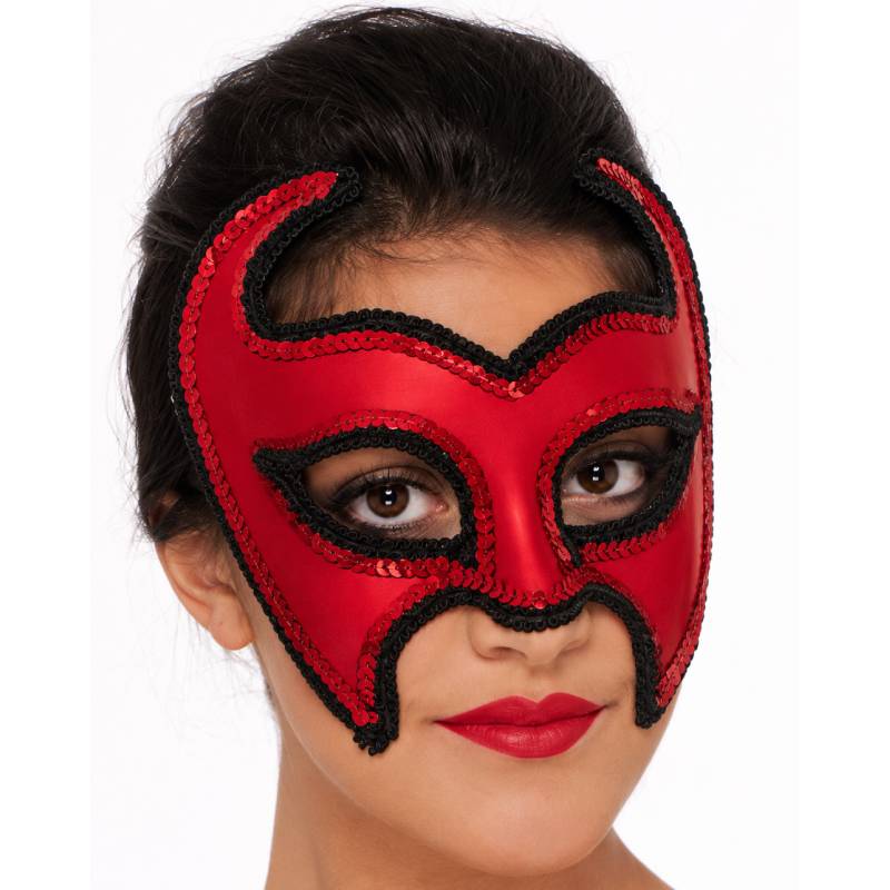 Metallic red devil masquerade mask with black trim and sparkling red sequin accents for Halloween and costume parties.