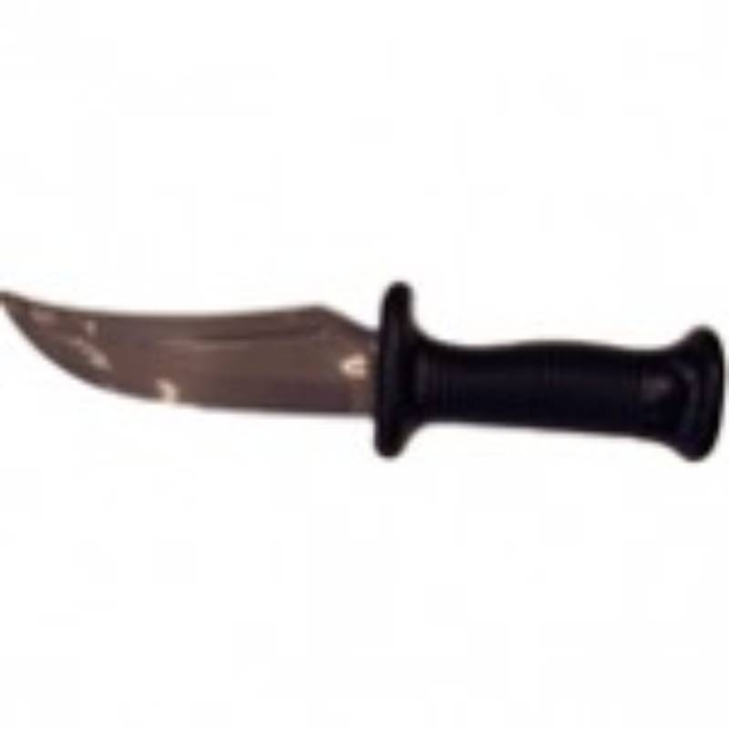10.5 inch rubber knife Halloween costume accessory with dark handle and distressed blade design.