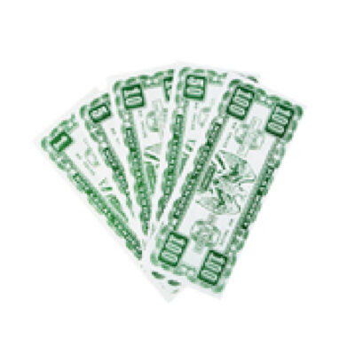 Green paper play money bills arranged in a fan for games, costumes, classroom activities, and pretend play.