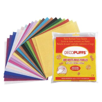 Parade Float Tissue Pomps and Deco Puffs with 300 pre-cut 5.5-inch flame-retardant tissue squares per package in assorted school and parade colors.
