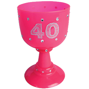 Age 40 Pink Plastic Goblet Drinking Glass w Rhinestones