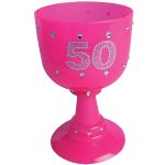 Age 50 Pink Plastic Goblet Drinking Glass w Rhinestones