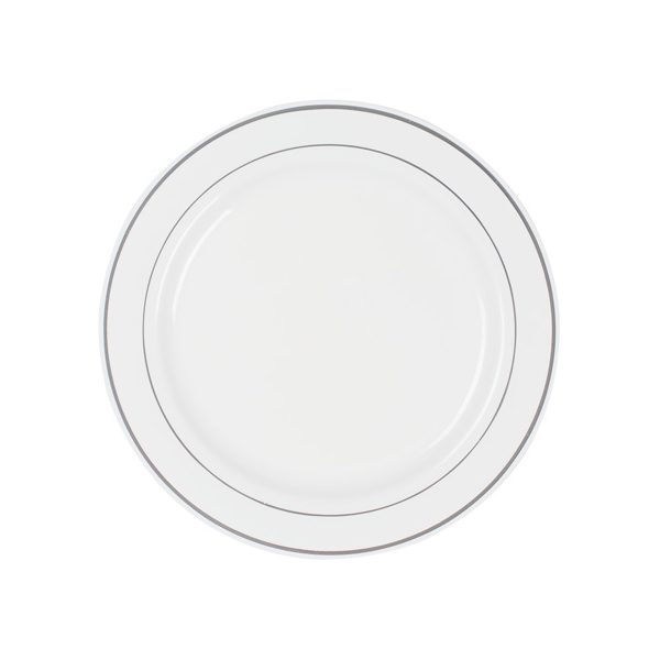 white plastic plates silver rim