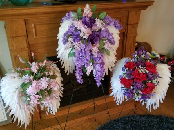 Floral Arrangement on White Feather Angel Wings - Rachel Boots