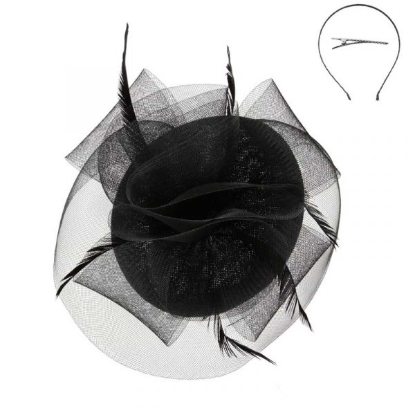 Mesh Ruffle Fascinator Headpiece w feathers - black