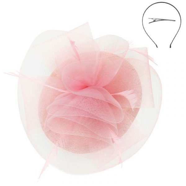 Mesh Ruffle Fascinator Headpiece w feathers - Pink