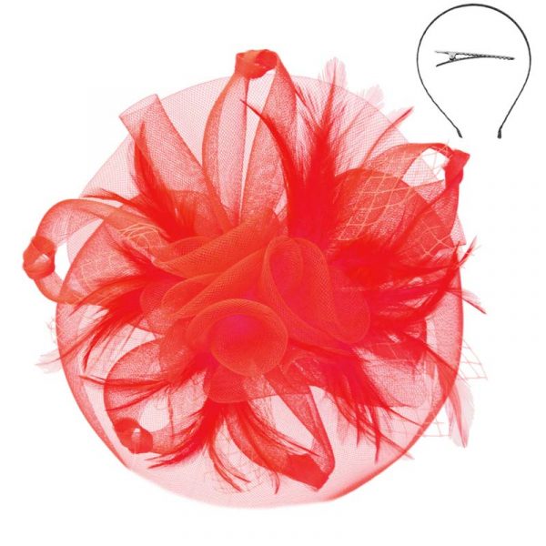 Red Mesh Flower and Feather Fascinator Headband Hat