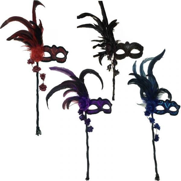 Costume Deluxe Venetian Mask on Stick w Feathers & Flowers