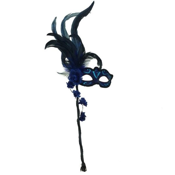 Blue Costume Deluxe Venetian Mask on Stick w Feathers & Flowers