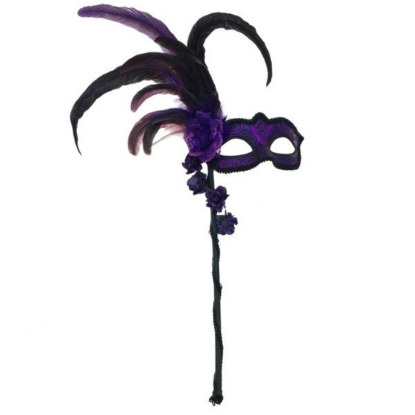 Purple Costume Deluxe Venetian Mask on Stick w Feathers & Flowers