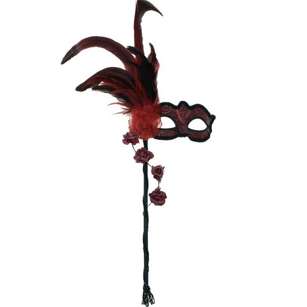 Red Costume Deluxe Venetian Mask on Stick w Feathers & Flowers