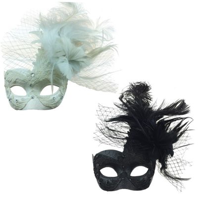 Costume Deluxe Venetian Half Mask w Netting Mixed Feathers