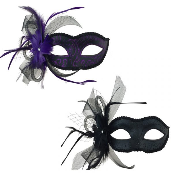 Costume Glittered Venetian Half Mask w Netting & Feathers