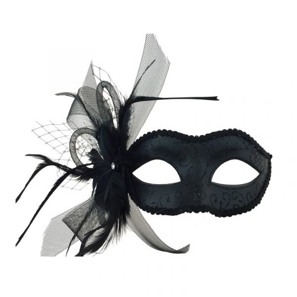 Black Costume Glittered Venetian Half Mask w Netting & Feathers