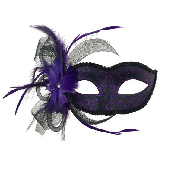 Purple Costume Glittered Venetian Half Mask w Netting & Feathers