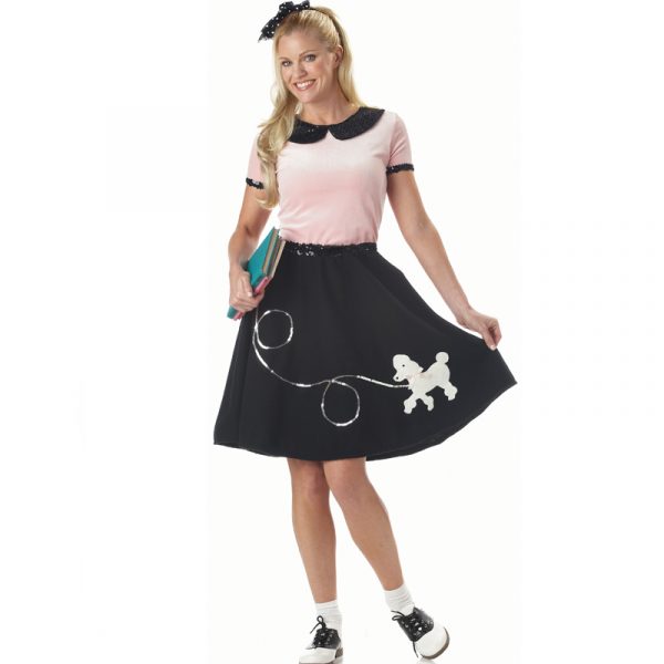 50s Hop Costume Pink Top Black Poodle Skirt Sequin Trim