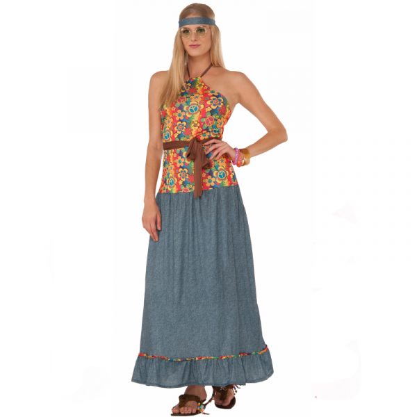 Hippie Groovy Girl Jean Skirt Flower Top Costume