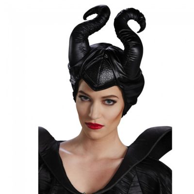 Adult wearing the Disney Maleficent Deluxe Fabric Headpiece with tall black spiral horns and a pointed textured forehead panel.