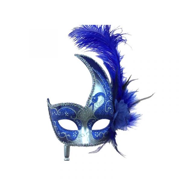 Blue/Silver Glittered Venetian Stick Mask w Flower & Feathers