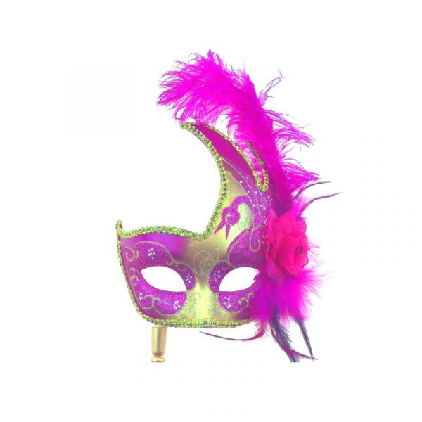 Hot Pink/Gold Glittered Venetian Stick Mask w Flower & Feathers