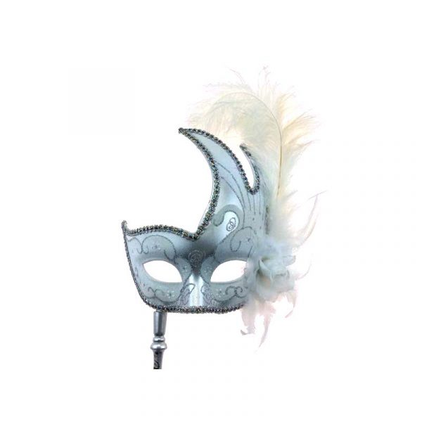 White/Silver Glittered Venetian Stick Mask w Flower & Feathers