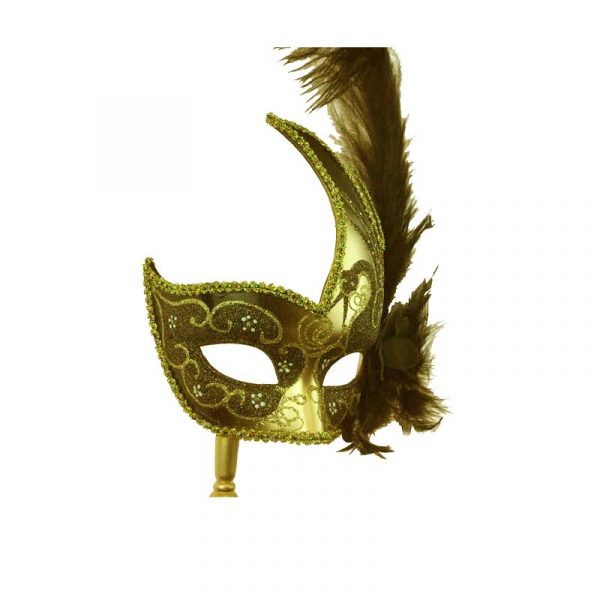 Black/Gold Glittered Venetian Stick Mask w Flower & Feathers