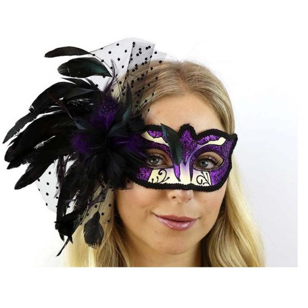 Glittered Venetian Half Mask w Feathers and Netting
