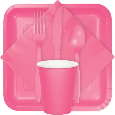 candy pink tableware, table covers, utensils