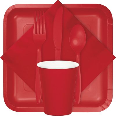 classic red tableware, table covers, utensils