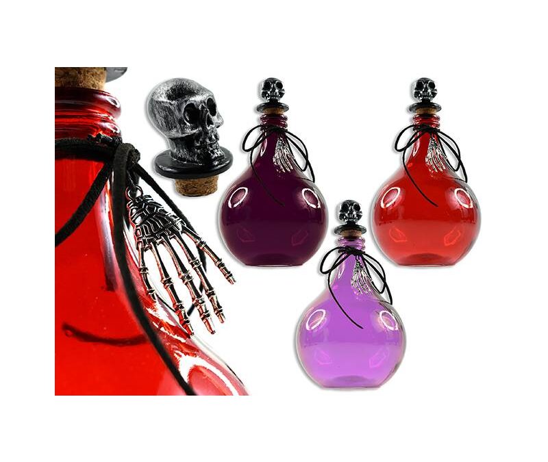 7.5″ Glass Potion Bottle w Skull Stopper