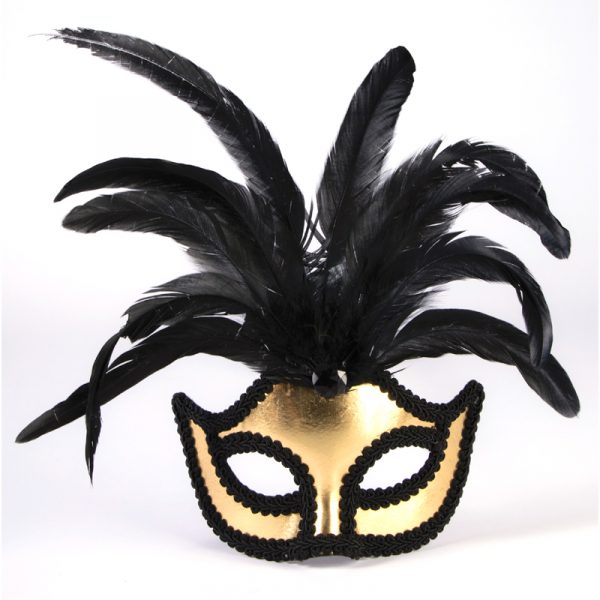 Gold Braided Trim Half Mask with Feathers