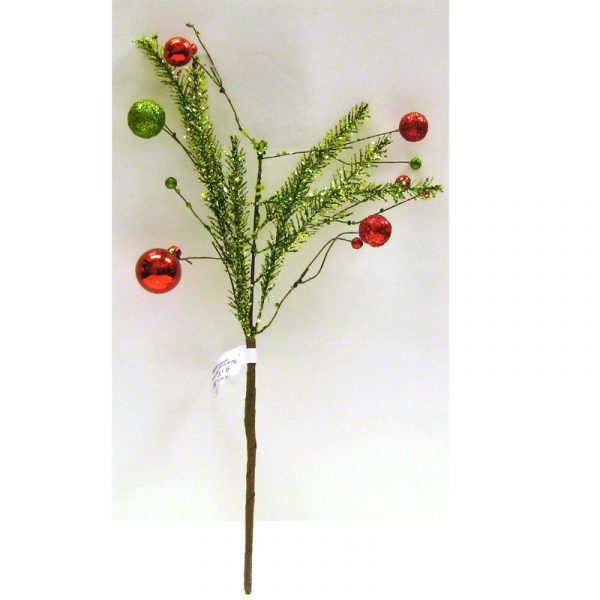 Hand Wrapped Tinsel Pine Pick with Ornaments