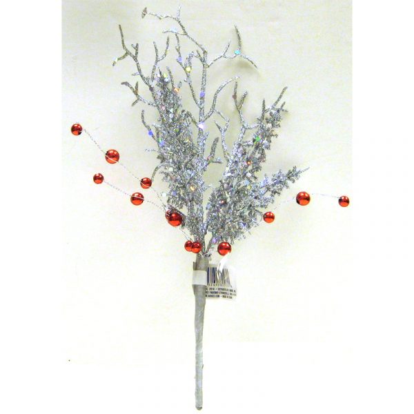 Hand Wrapped Glittered Silver Pine Twig with Red Berries