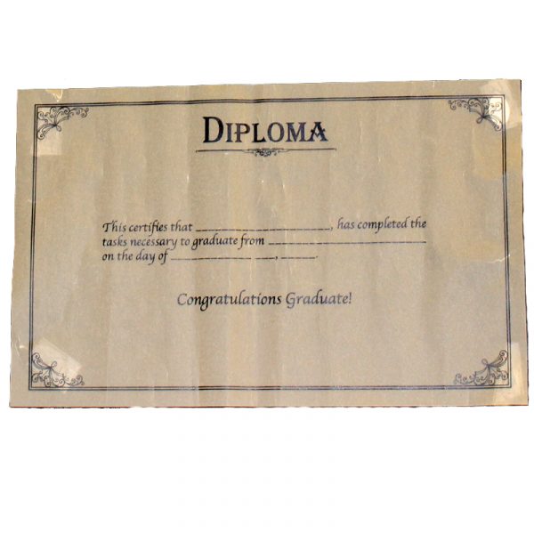 Rolled paper diploma tied with black ribbon