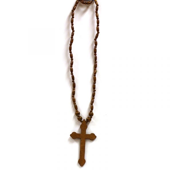 Costume Wood Bead Necklace with Cross