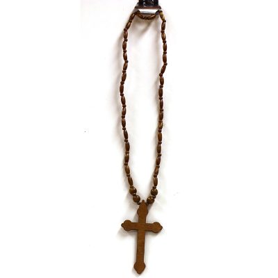 Costume Wood Bead Necklace with Cross