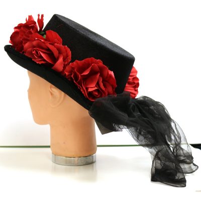 Black Fabric Top Hat with Red Roses
