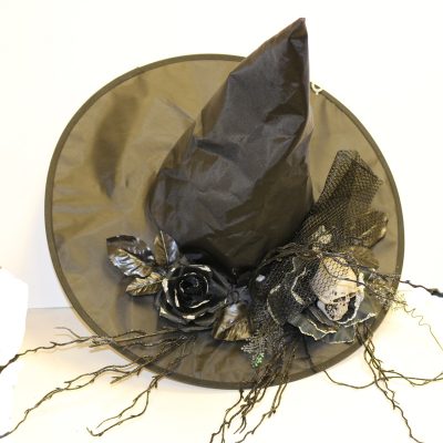 Glittered Black Satin Witch Hat with Skull Roses