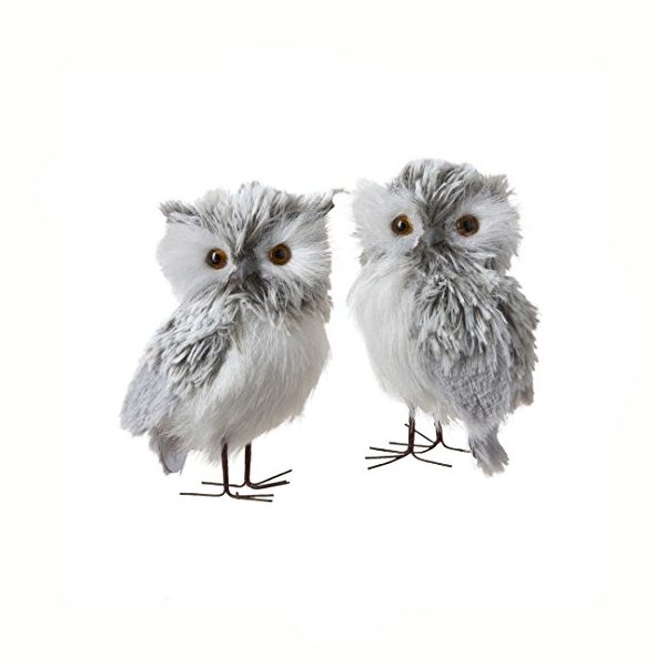 5 Inch Furry Gray Owl 2 Piece Ornament Set