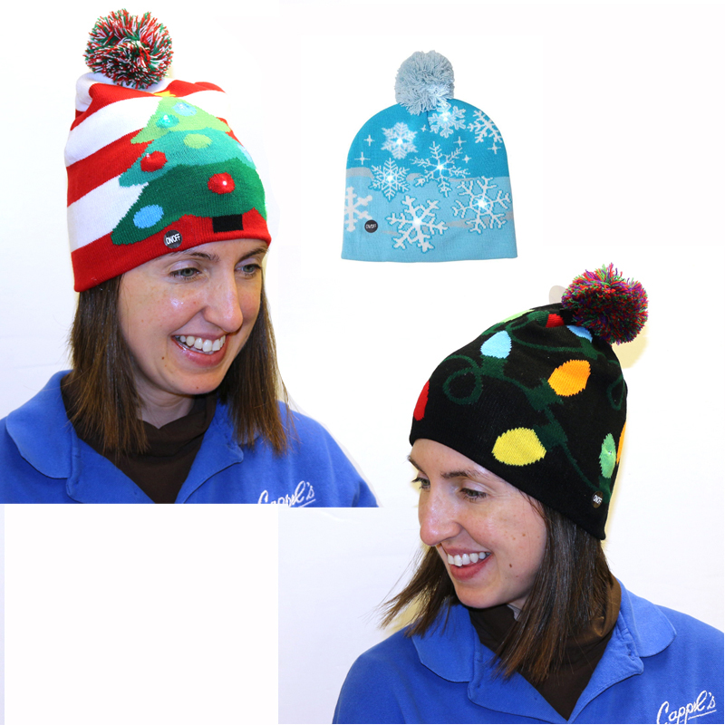 Holiday Party Favors for Kids & Adults Light-up Fa La La Christmas Knit Beanie Hat 3 Flashing Modes 4 Pack 